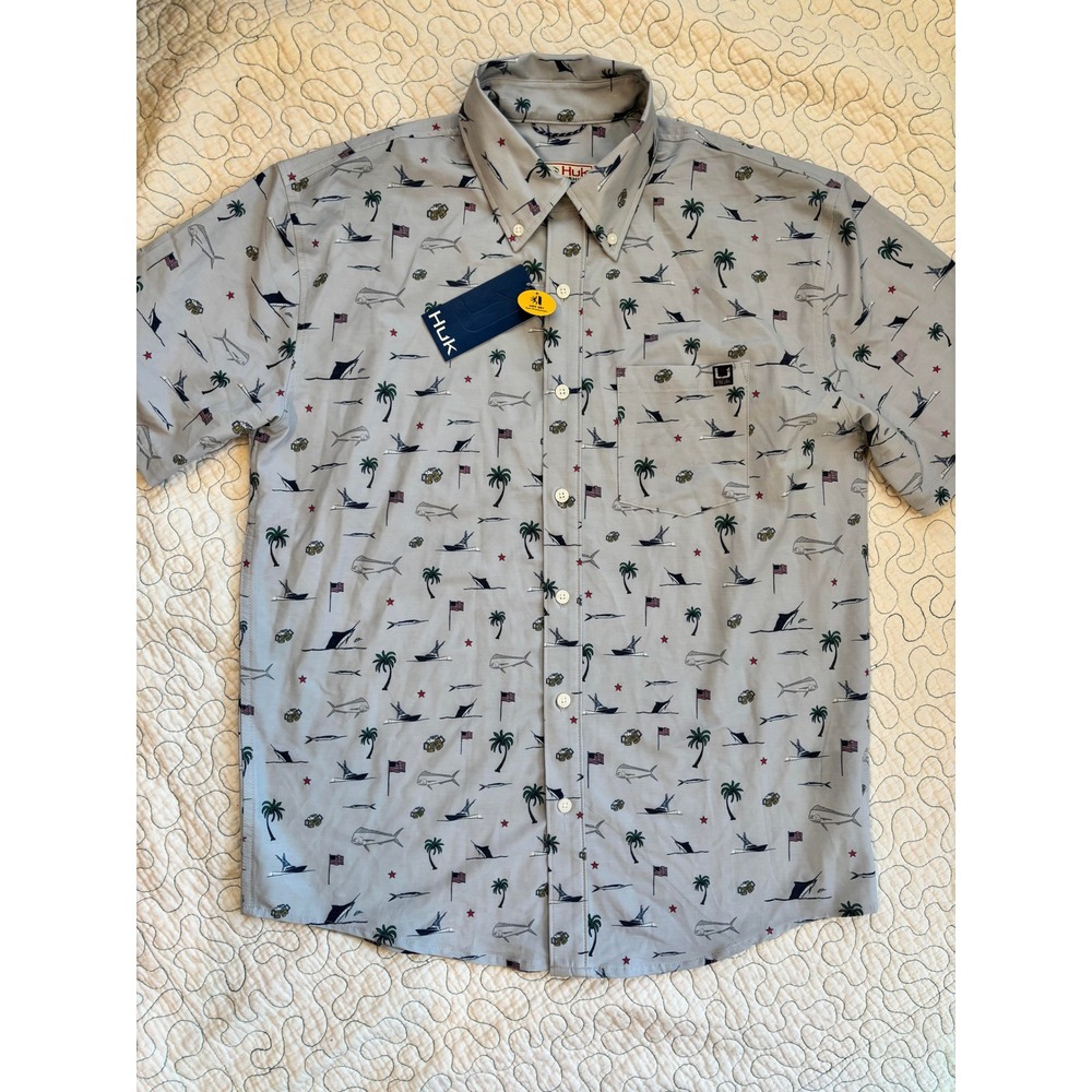 Huk Fishing Mens Short Sleeve Button Up Shirt Nautical Print Size‎ Small #53